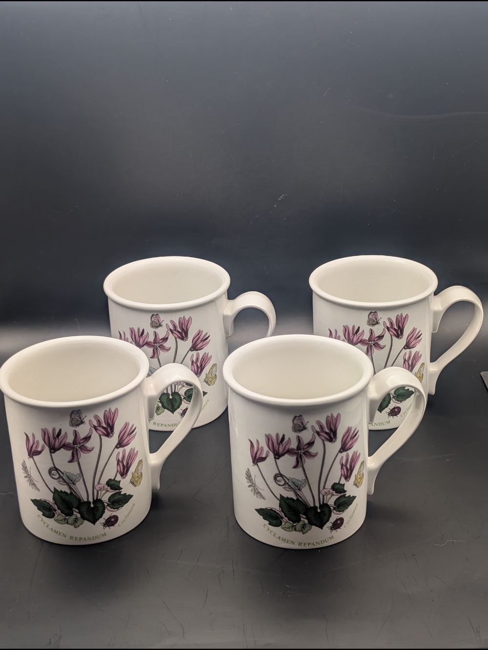 Portmeirion White Mug Set with Purple Cyclamen Floral Design - Set of 4
